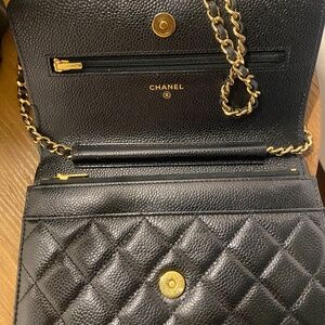 Authentic Chanel Wallet on Chain - Black Caviar Leather with Gold hardware